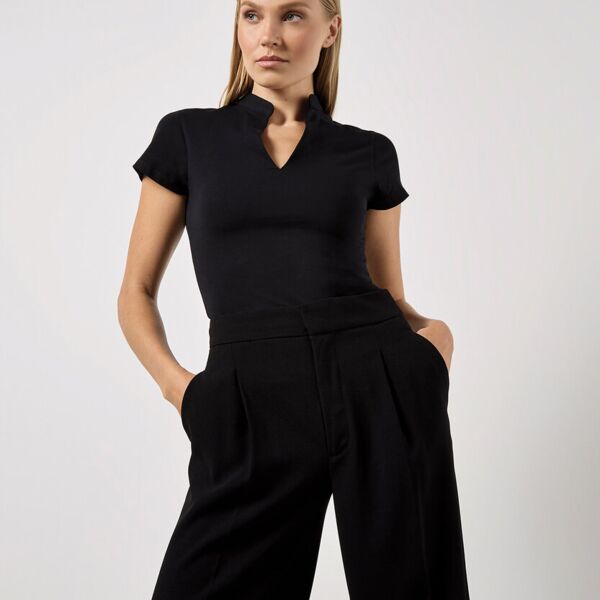 Women's corporate short-sleeved top v-neck mandarin collar (regular fit) Thumbnail